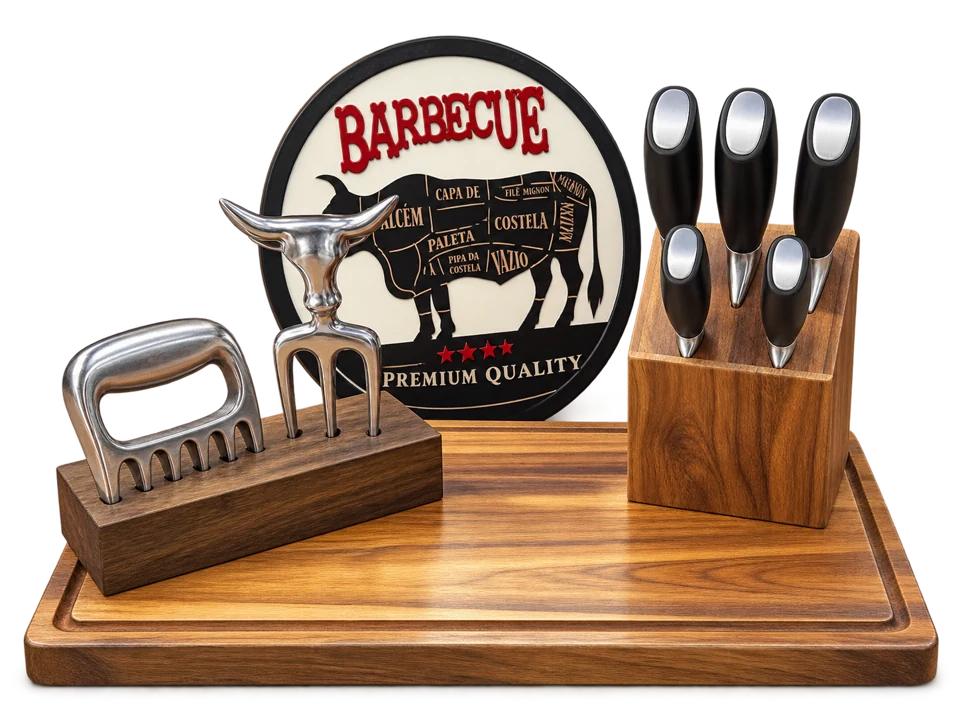 Kit churrasco com tábua de madeira, conjunto de facas, garfo e garra para carne